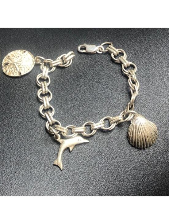 Jewelry - B1426 Sterling Silver Charm Bracelet 6.5" Shell Ocean Dolphin Sand Dollar 16.3"